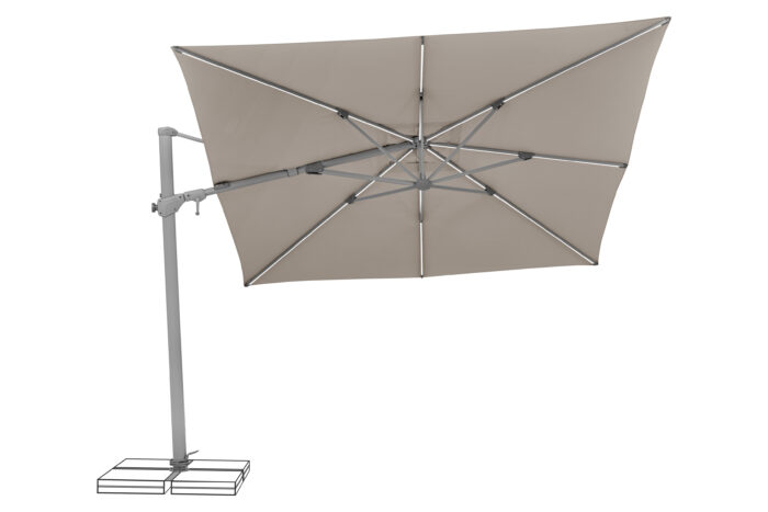 parasol déporté LED varioflex solar light taupe 053 penché à gauche allumé
