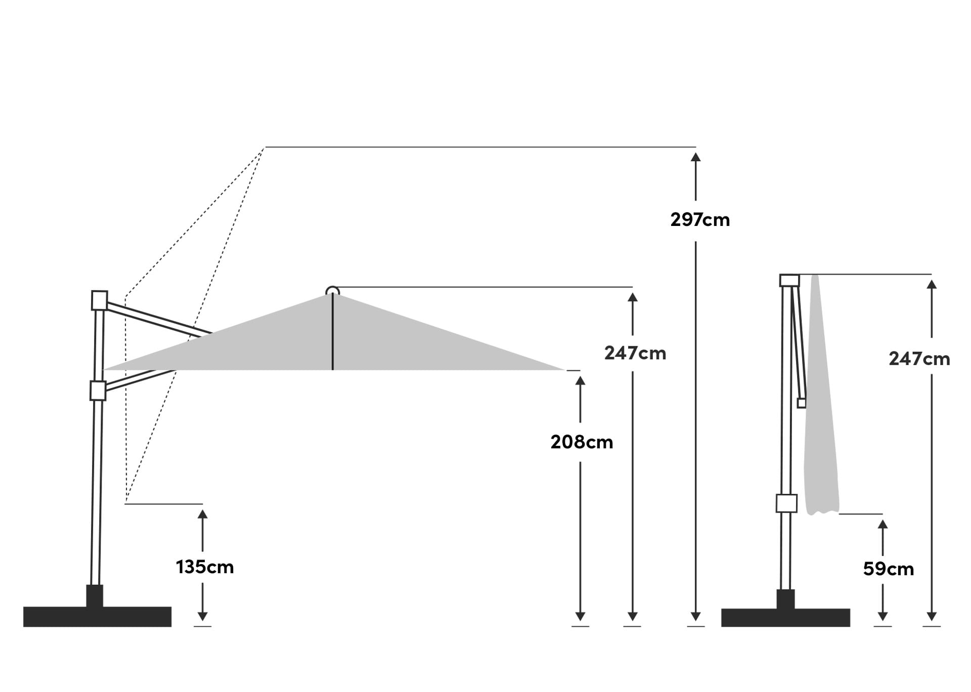 Schéma des dimensions et hauteurs du parasol déporté Familyflex 250x250 cm.