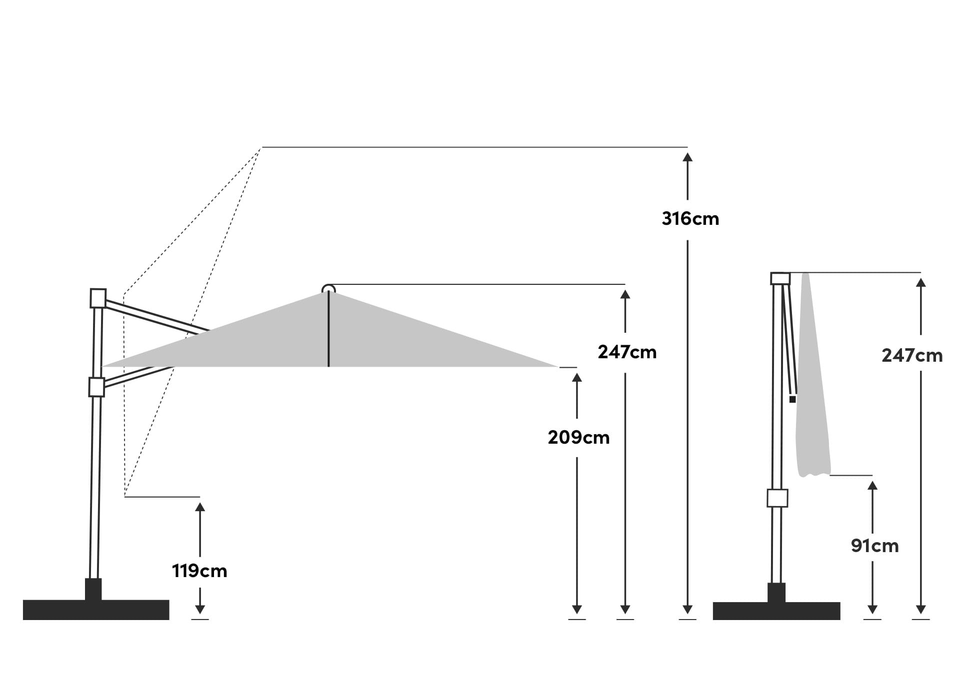 Schéma technique du parasol déporté rond Familyflex diamètre 300 cm.
