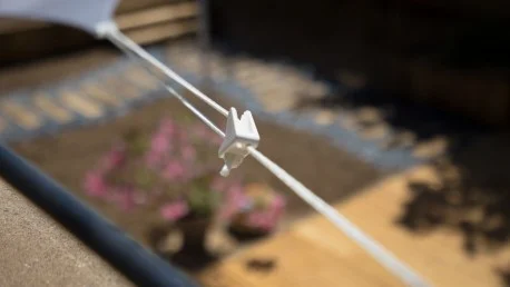 Système de blocage et réglage pour kit d'attache de voile d'ombrage.