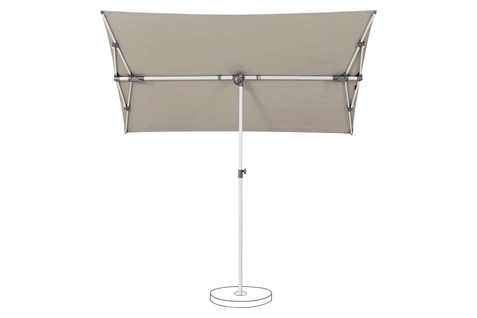 Vue arrière du mécanisme d'inclinaison du parasol de balcon Flex Roof Suncomfort.