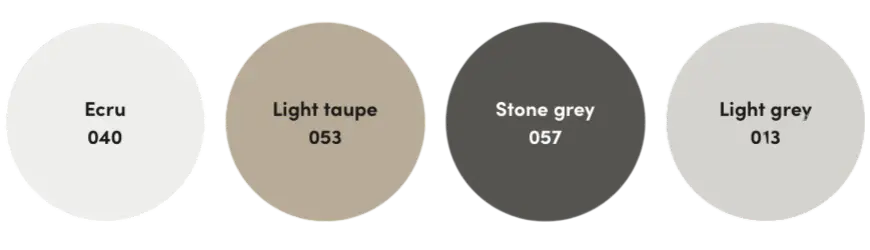 Nuancier de toiles pour parasols Suncomfort : Ecru 040, Light Taupe 053, Stone Grey 057 et Light Grey 013.