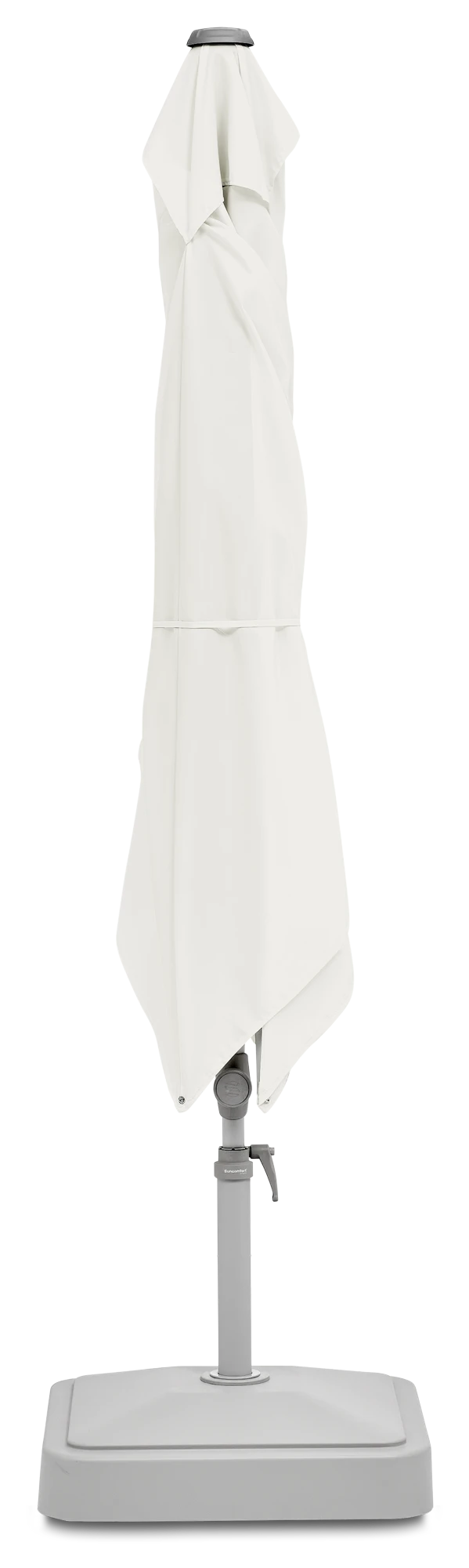 Parasol de balcon compact Suncomfort Pop Up fermé couleur Sand White.