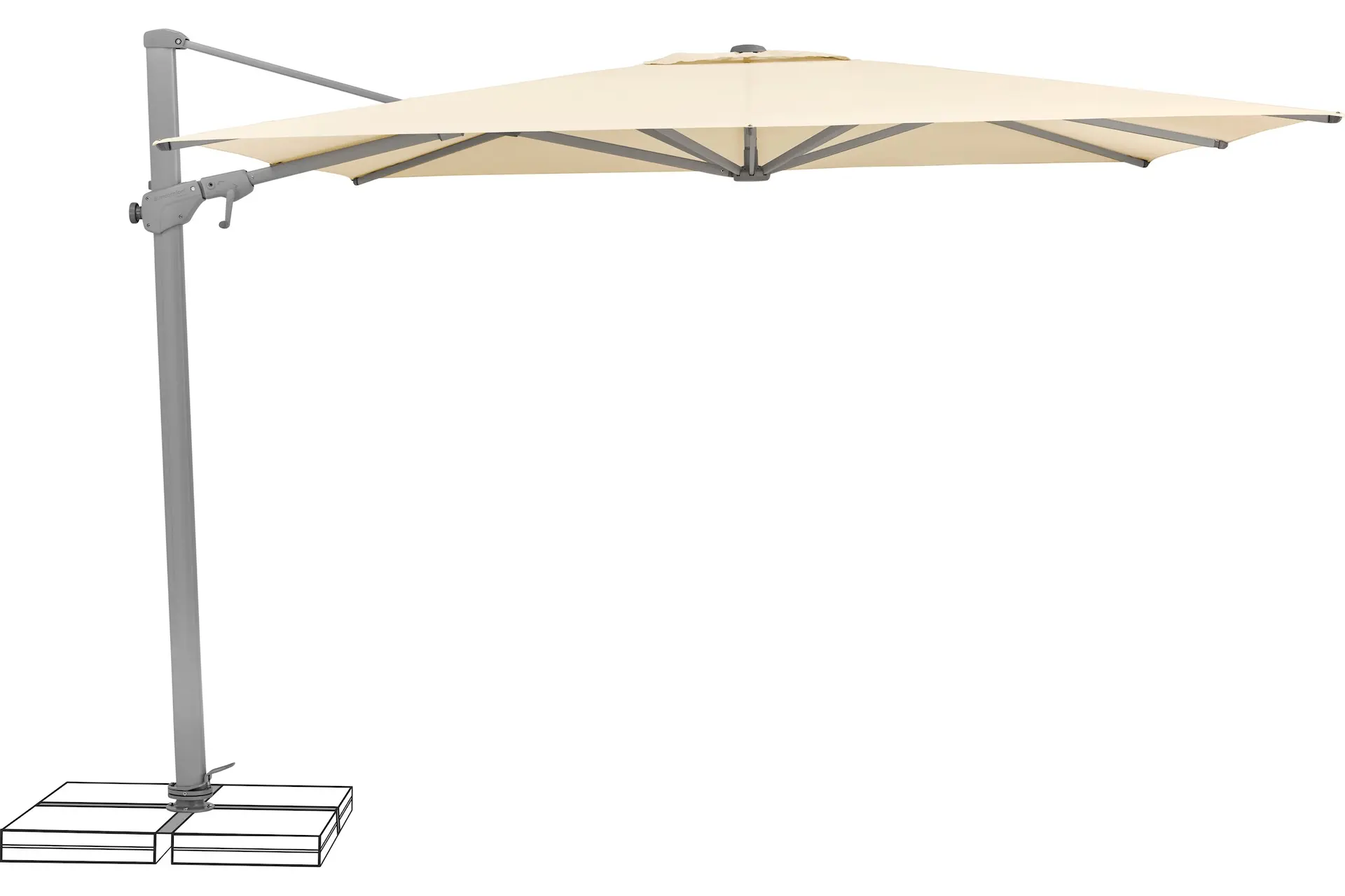 Parasol déporté inclinable latéralement Suncomfort Varioflex ouvert, toile gris clair (light grey 013) et mât aluminium.