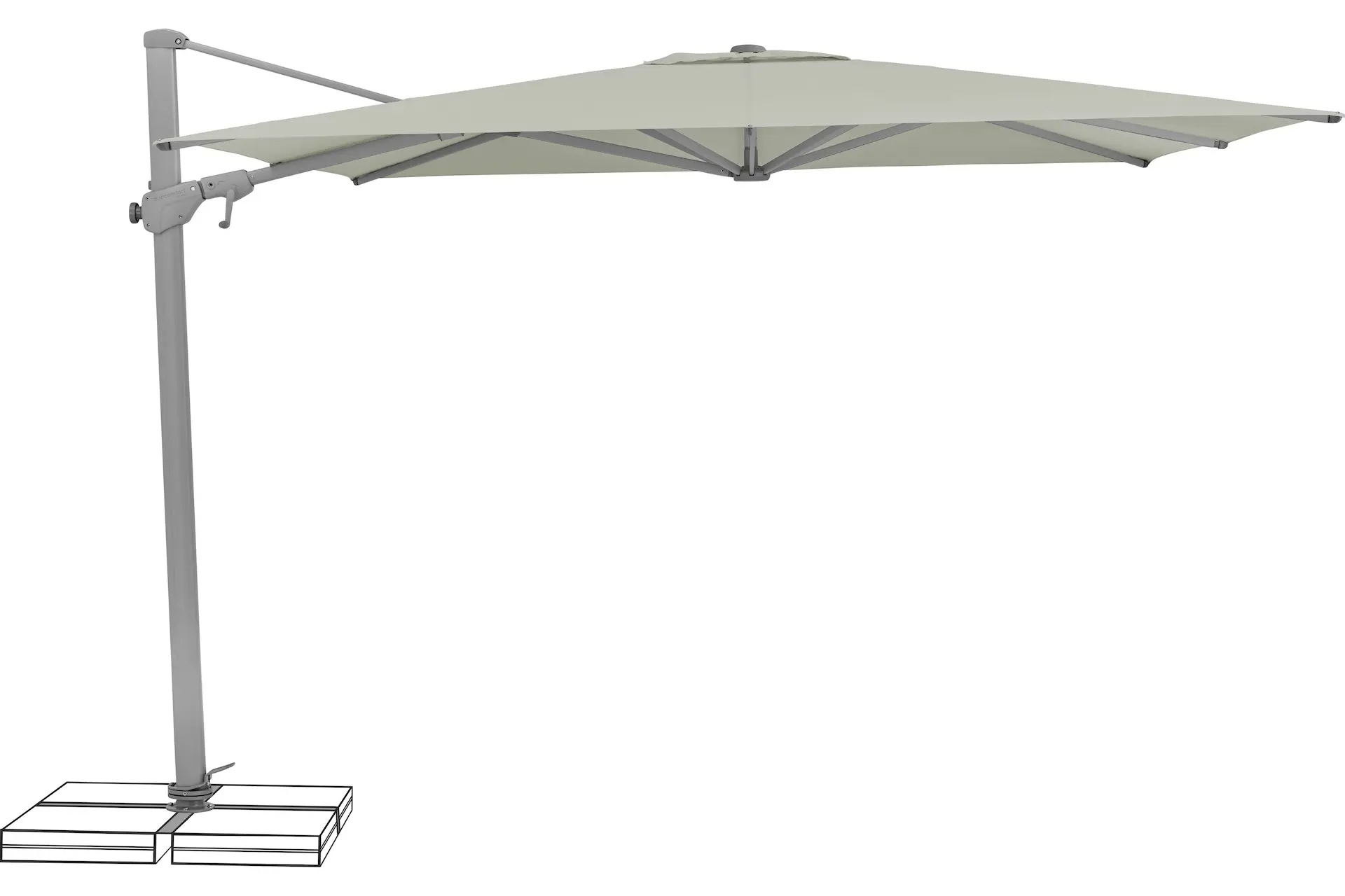 Parasol déporté inclinable latéralement Suncomfort Varioflex ouvert, toile gris clair (light grey 013) et mât aluminium.