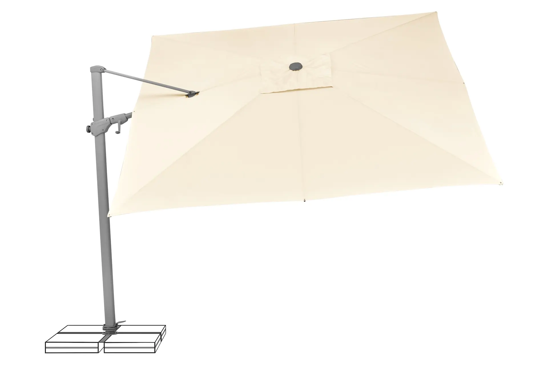 Parasol déporté Suncomfort Varioflex écru incliné latéralement vers la droite pour bloquer le soleil rasant.