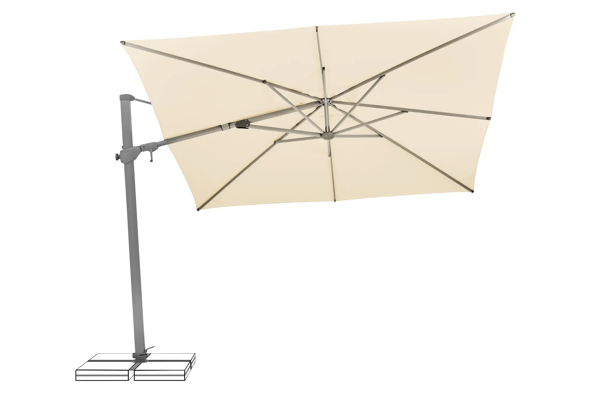 Vue intérieure de la structure du parasol déporté Varioflex incliné latéralement vers la gauche.