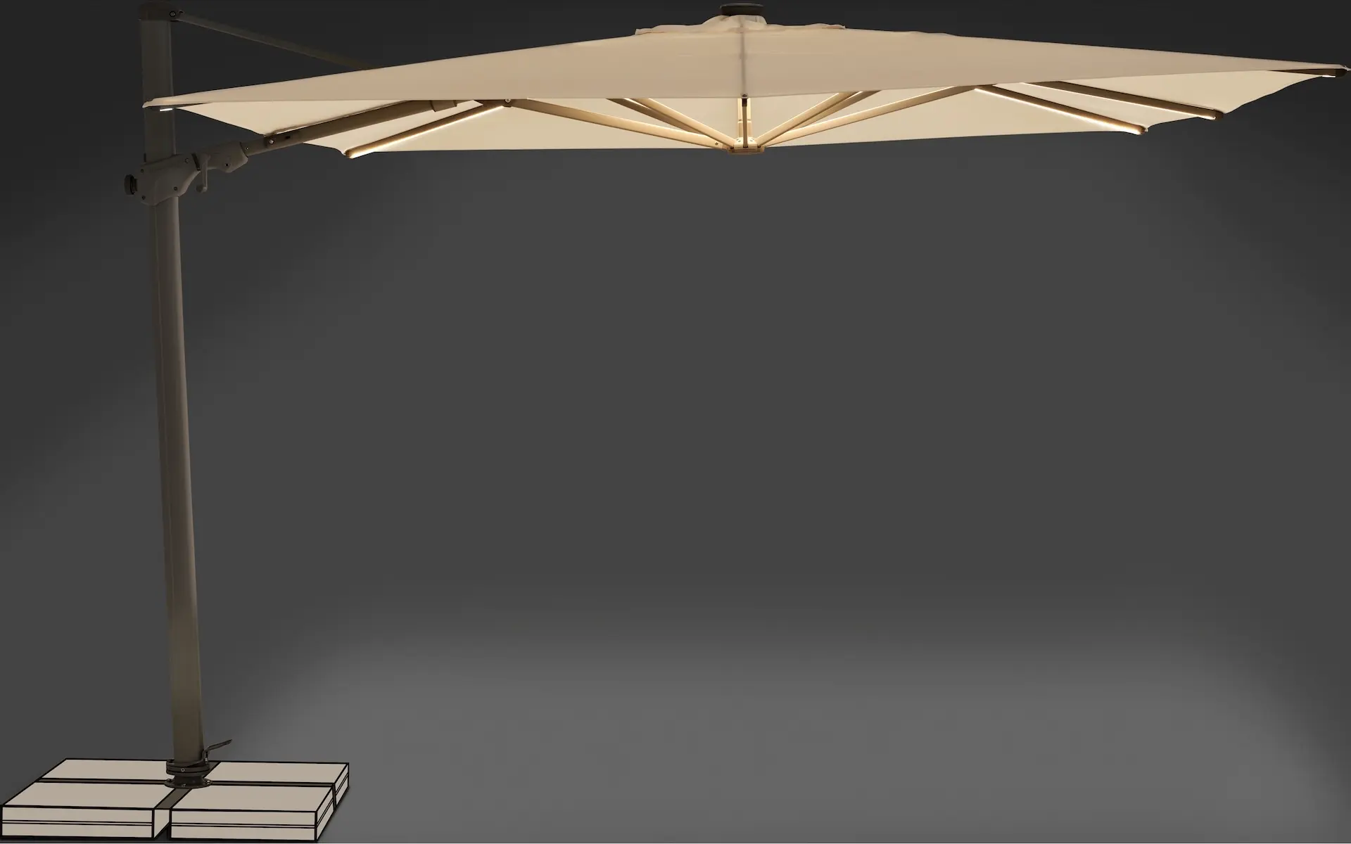 Parasol déporté LED solaire Varioflex allumé de nuit, toile écru 040 et structure anthracite.