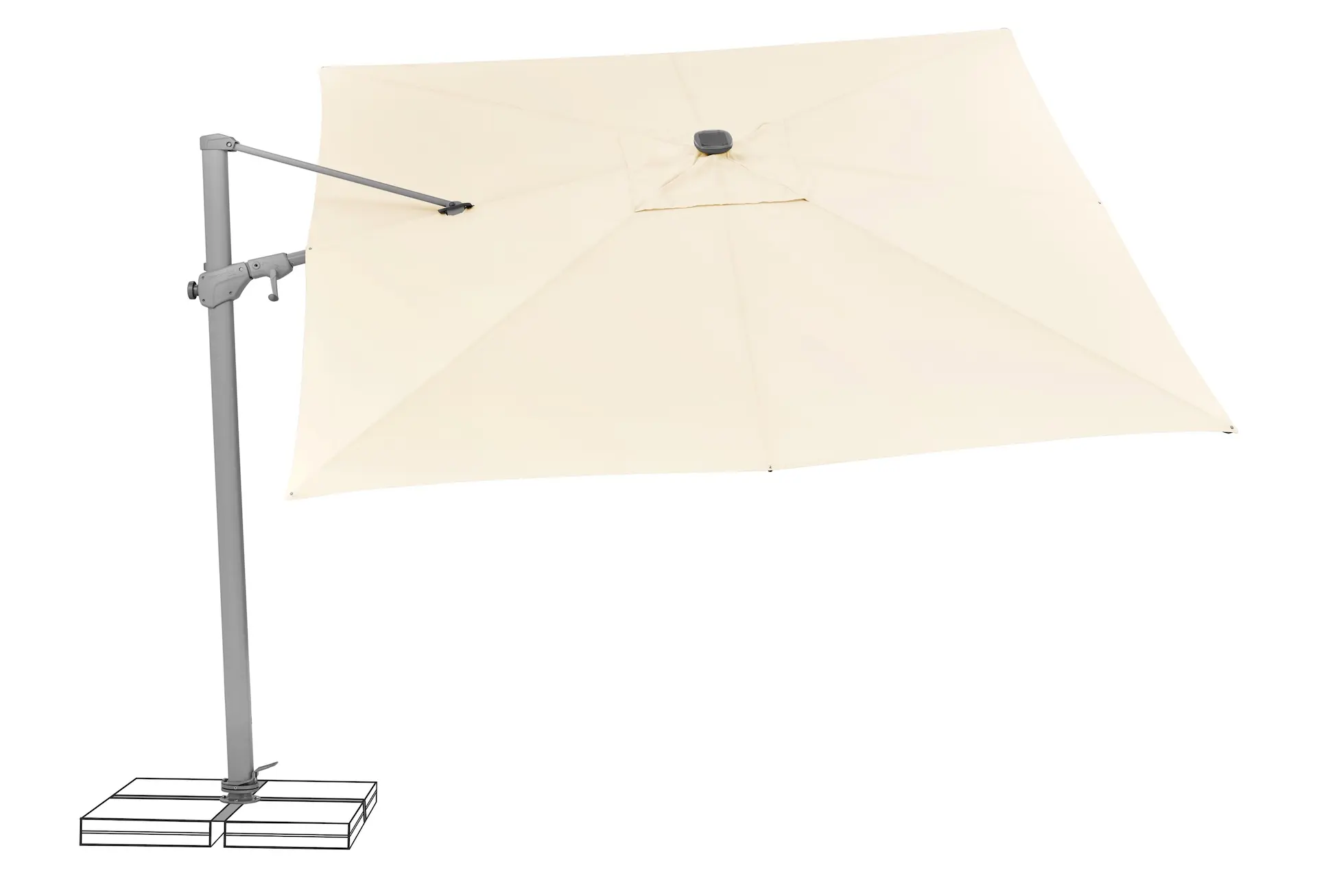 Parasol déporté inclinable latéralement vers la droite, modèle Varioflex LED solaire écru.
