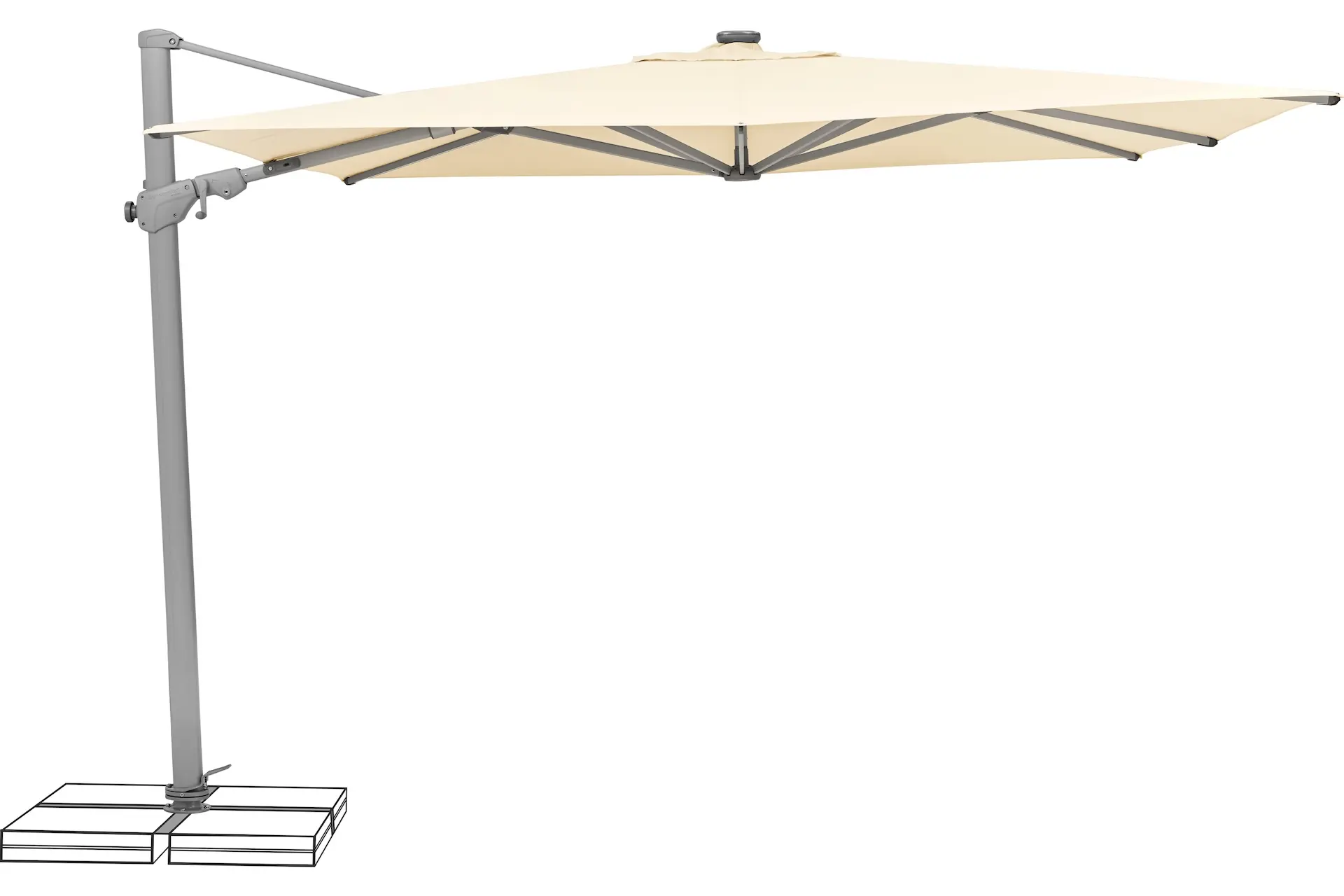 Grand parasol déporté 300x300 cm avec LED solaires, coloris écru 040, marque Suncomfort by Glatz.