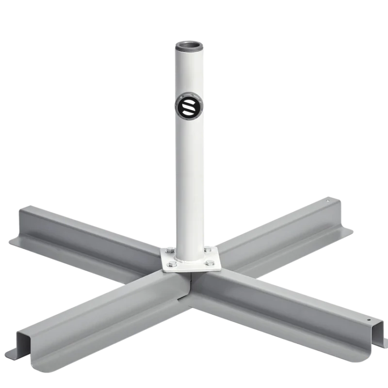 Pied en croix Suncomfort en acier gris avec tube de fixation pour parasol droit.