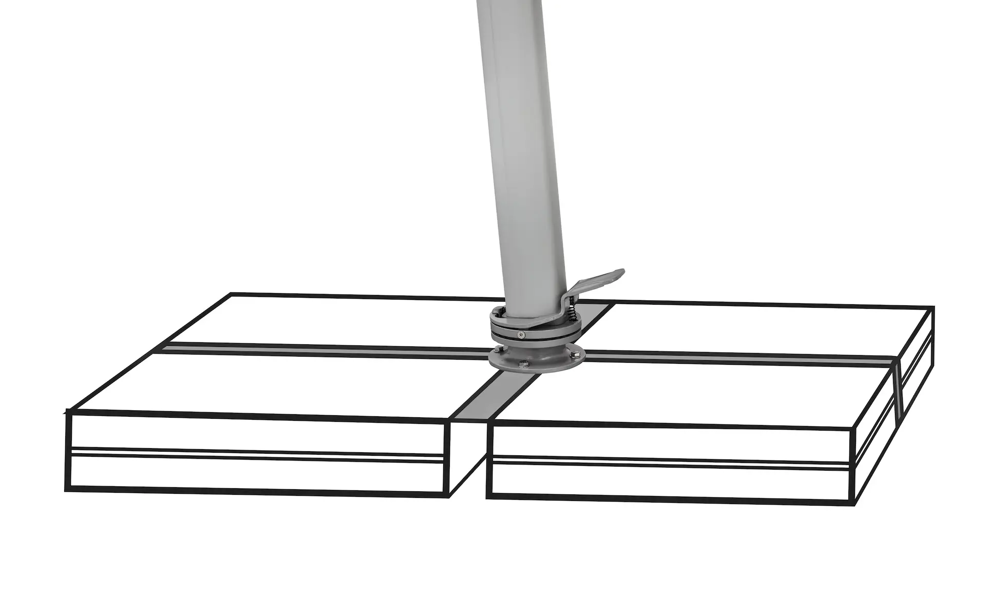Socle rotatif à 360 degrés pour parasol déporté Suncomfort avec pédale de déblocage.