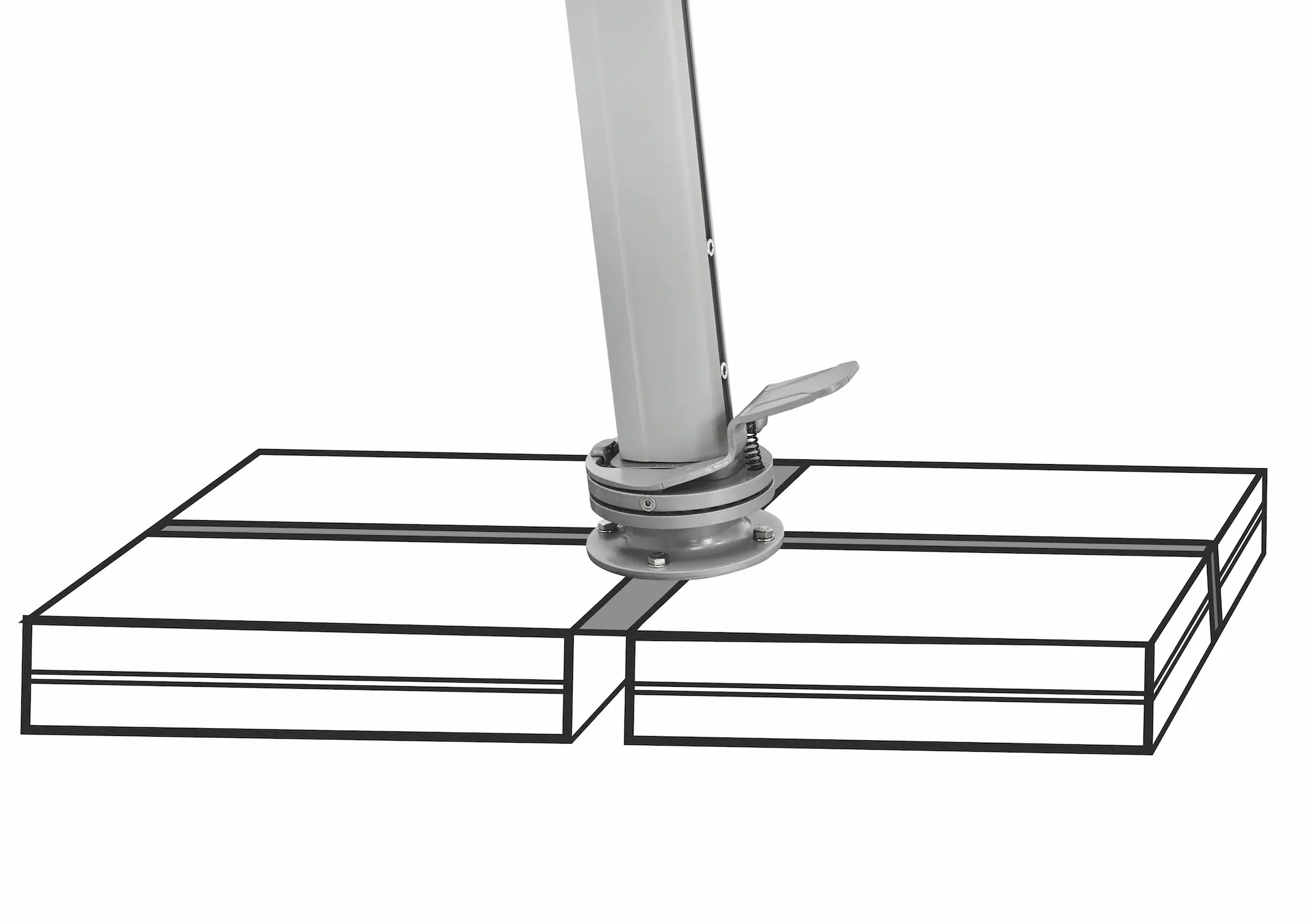 Socle avec pédale de rotation à 360 degrés pour parasol déporté aluminium Sunflex.