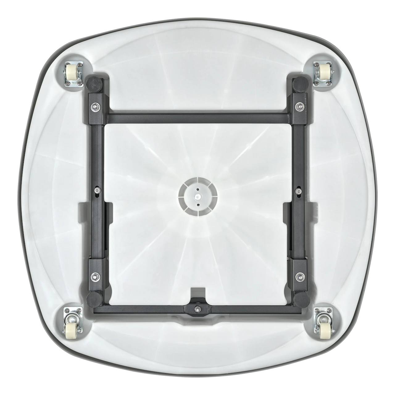 Roulettes directionnelles sous le pied de parasol déporté à roulettes Suncomfort.