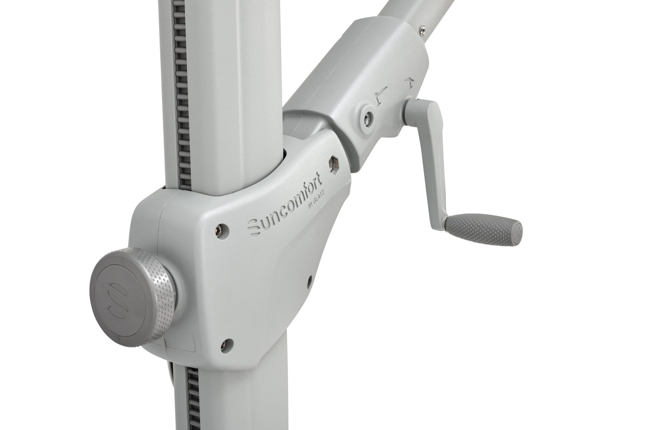 Détail du mât et du coulisseau en aluminium du parasol déporté inclinable Varioflex.