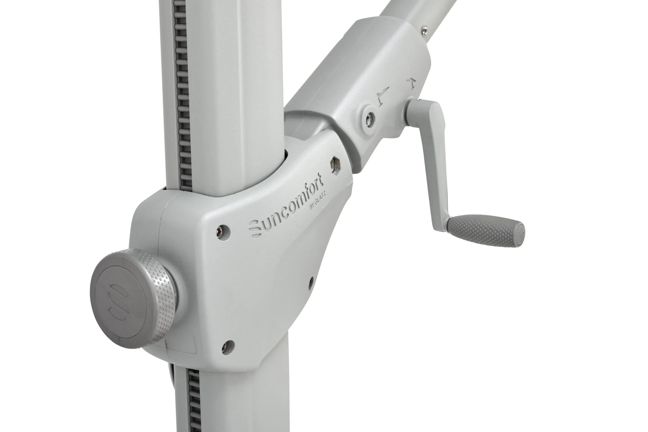 Détail du mât et du coulisseau en aluminium du parasol déporté inclinable Varioflex.