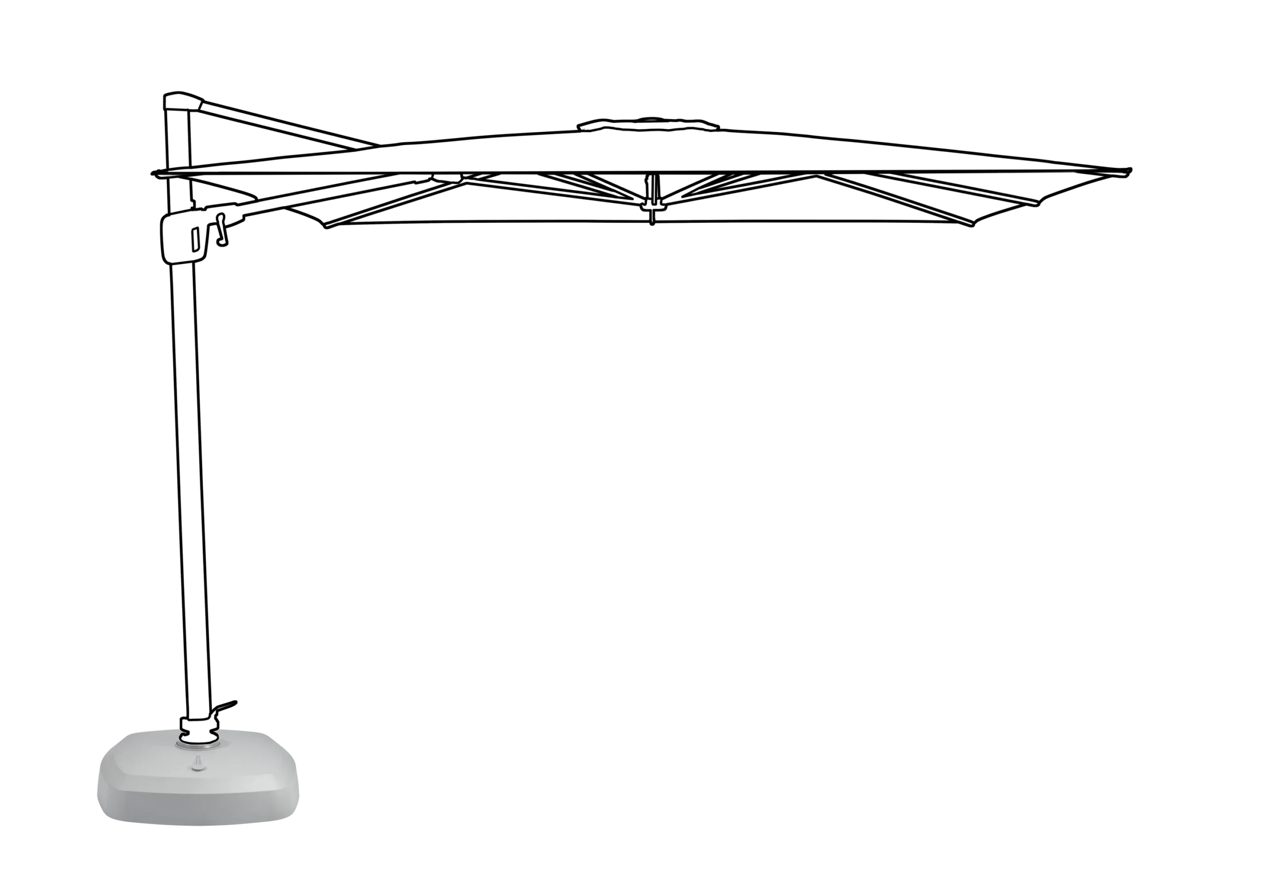Grand parasol déporté installé sur son pied de parasol déporté à roulettes 120kg.